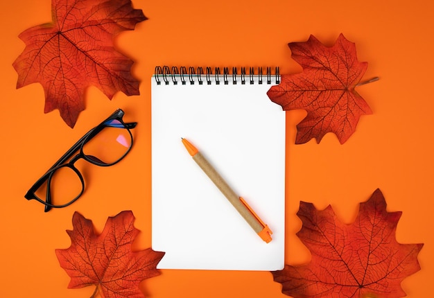 Composición flatlay de otoño con hojas de otoño, bolígrafo y gafas en blanco sobre fondo naranja