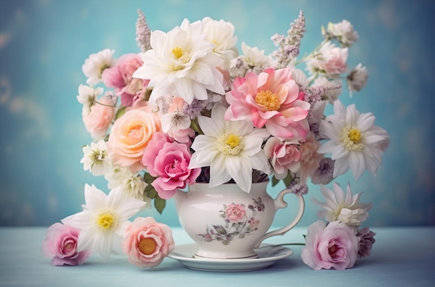 Composición floral con flores pastel de verano en copa vintage AI generativa