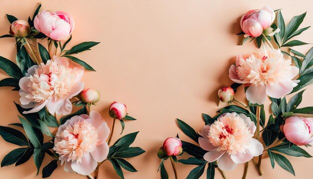 Composición floral Marco hecho de flores de peonía rosadas en fondo de color melocotón Colocación plana Vista superior Wome