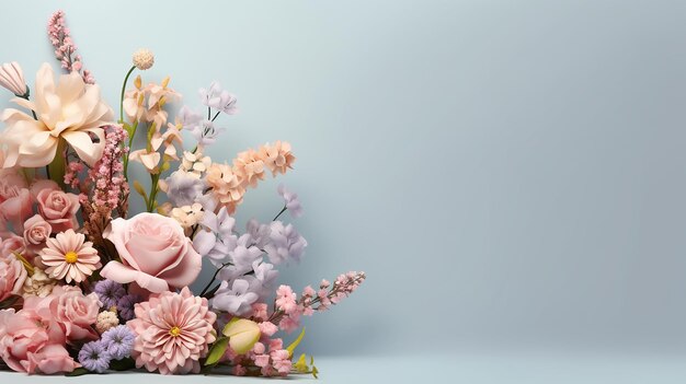 Composición floral de primavera hecha de flores frescas de colores en un fondo pastel claro IA generativa
