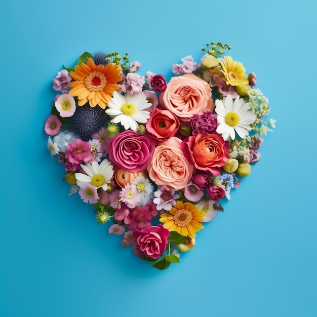 Composición floral vibrante Vista superior de flores de colores que hacen corazón AI