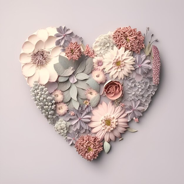 Composición de flores Corazón hecho de flores rosas sobre fondo blanco Día de San Valentín Día de la madre