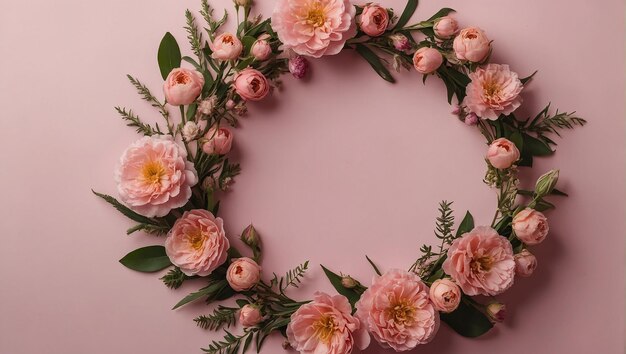 Composición de flores Corona hecha de flores rosadas en rosa