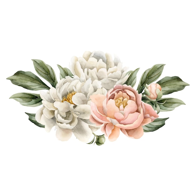 Composición de las flores y hojas de la peonia blanca Ilustración de acuarela floral aislada en blanco