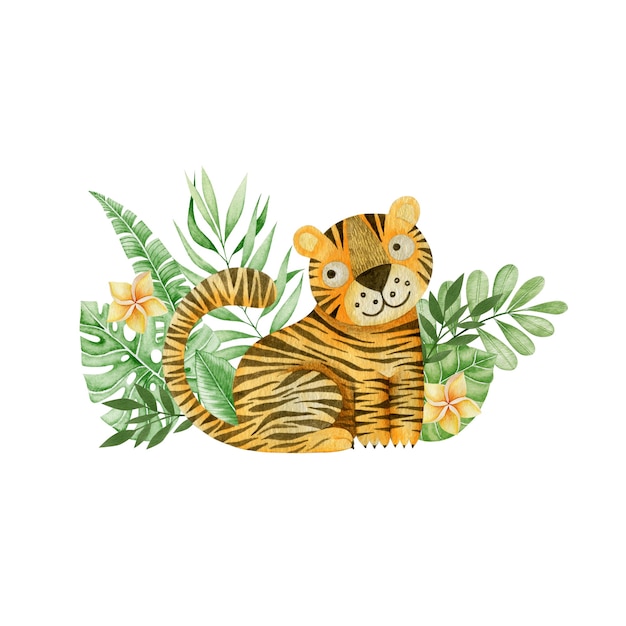 Composición de flores y hojas tropicales de tigre acuarela