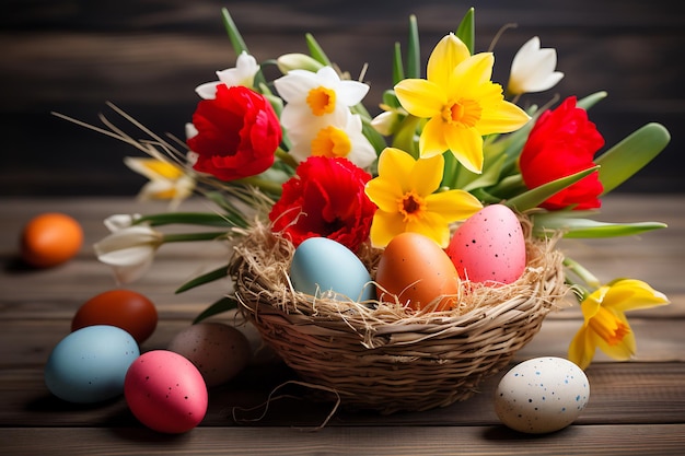Composición de flores y huevos de Pascua sobre fondo de madera