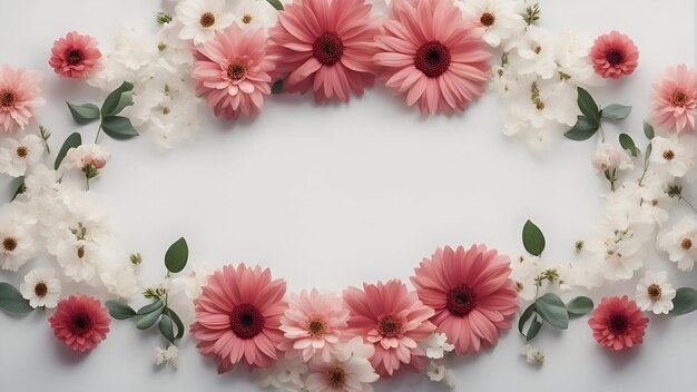 Foto composición de flores marco hecho de flores de gerbera rosadas sobre fondo blanco espacio de copia de vista superior plana