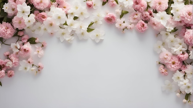 Composición de flores Marco hecho de flores de sakura rosadas y blancas sobre fondo blanco Espacio de copia de vista superior plana