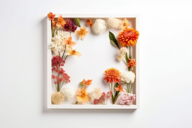 Composición de flores Marco hecho de flores sobre fondo blanco Espacio de copia de vista superior plana