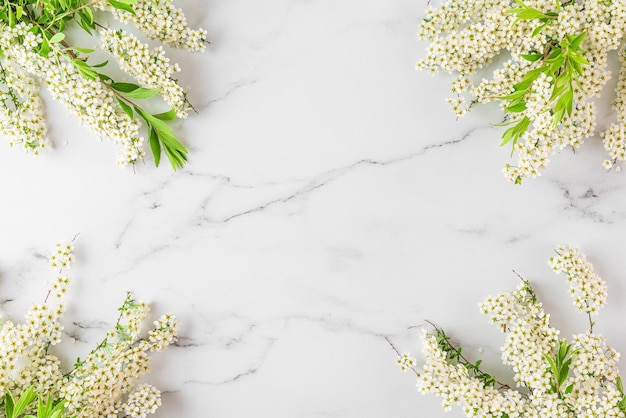 Composición de flores marco hecho de ramas de flores blancas sobre fondo de mármol blanco vista superior con espacio de copia