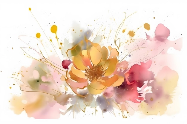 Composición de flores de otoño con pintura de arte de acuarela de salpicaduras doradas para ilustración de fondo de banner de naturaleza Ai generativo