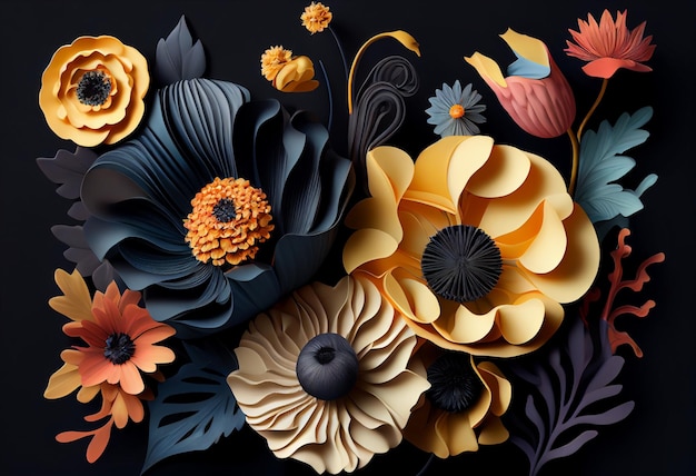 Composición de flores de otoño sobre un fondo negro Generado por IA