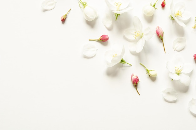 Composición de flores Patrón de flores blancas y rosadas con espacio para texto en papel blanco Vista de maqueta desde arriba Imagen