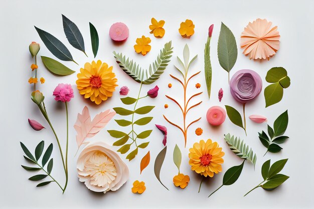 Foto composición de flores patrón de marco hecho de diferentes flores secas y hojas sobre fondo blanco espacio de copia de vista superior plana