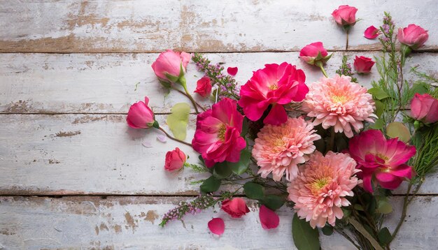 Composición de flores para San Valentín, el Día de la Madre o el Día de la Mujer Flores rosadas en madera blanca vieja