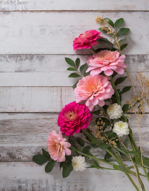 Foto composición de flores para san valentín, el día de la madre o el día de la mujer flores rosadas en madera blanca vieja