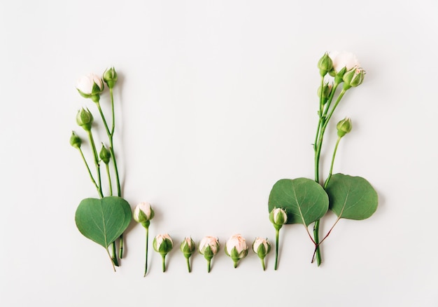 Composición de floresPequeñas rosas con capullos y hojas verdesMarco floralVista superior plana