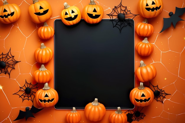 Composición de fondo del concepto de Halloween con calabazas y murciélagos sobre fondo simple generado por ai