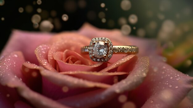 Composición fotográfica conceptual de un anillo de bodas de pareja colocado sobre una flor de rosa IA generativa