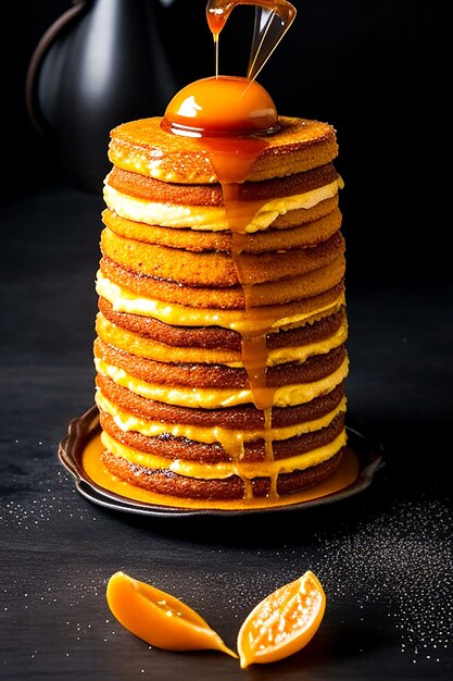 Composición fotográfica de sabrosos panqueques para el desayuno generados por IA