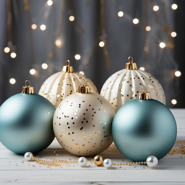 Composición de fotos de Navidad con regalos bolas de oro conos de pino ramas de abeto y copos de nieve