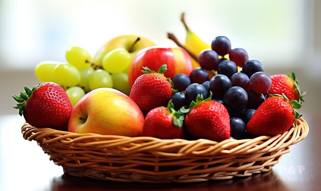 Composición con frutas y cesta de mimbre en blanco.