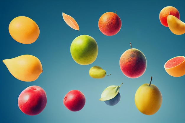 Composición de frutas en el cielo Naranjas en rodajas altísimas, peras, manzanas que vuelan en el aire