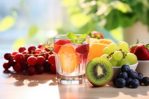 Composición con frutas frescas y jugo en la mesa en un café en primer plano