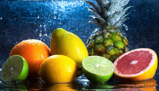 Foto composición de frutas de limón y lima gota de agua