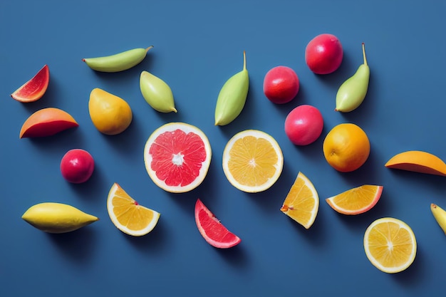 Composición de frutas Rodajas de naranjas, peras, manzanas, uvas, mandarinas, sobre la superficie