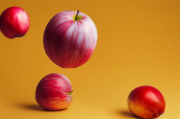 Composición de frutas sobre fondo amarillo Manzanas flotantes volando en el aire