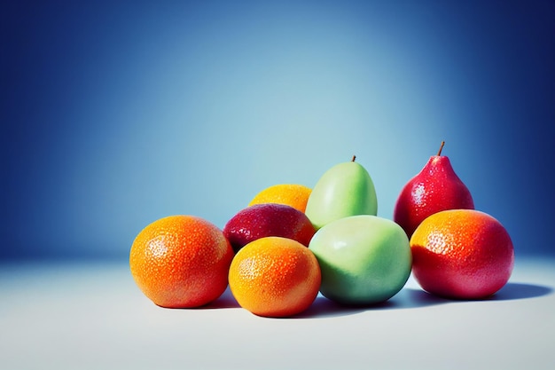 Composición de frutas sobre fondo azul Naranjas peras acostadas en la superficie