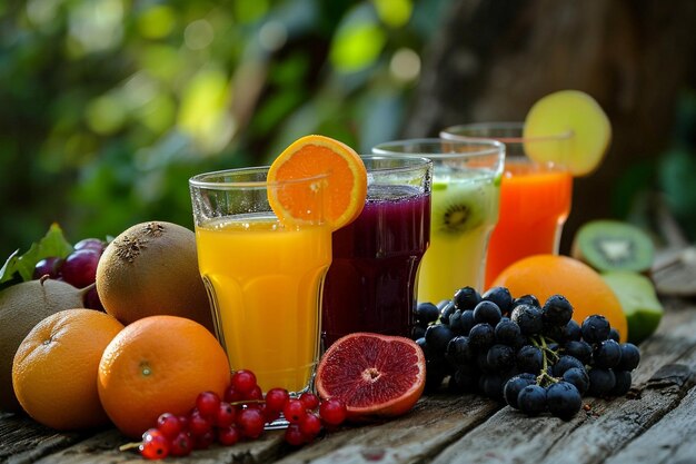 Composición de frutas y vasos de jugo sobre un fondo natural borroso