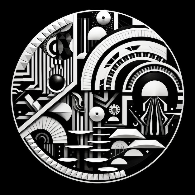 Composición geométrica abstracta sobre un fondo negro Estética neo-folclórica