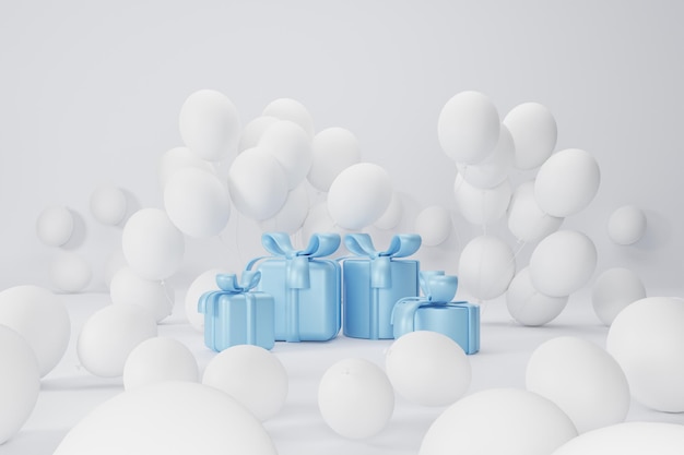 Composición de globos blancos y caja de regalo azul de renderizado 3d sobre diseño de fondo blanco para cumpleaños