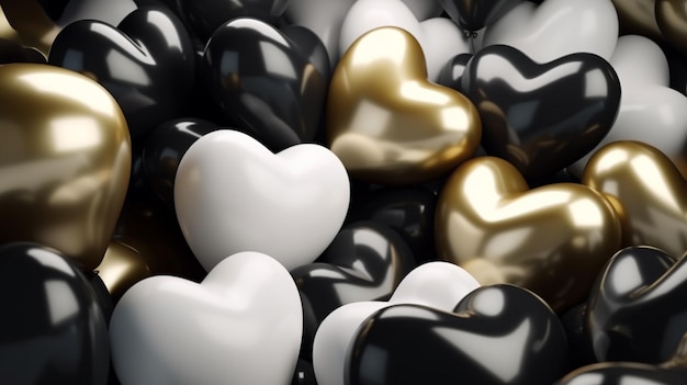 Composición con globos dorados en forma de corazón sobre un fondo oscuro Fondo romántico