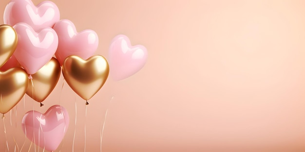 Composición de globos en forma de corazón rosado y dorado en un fondo de color sólido Diseño de amor