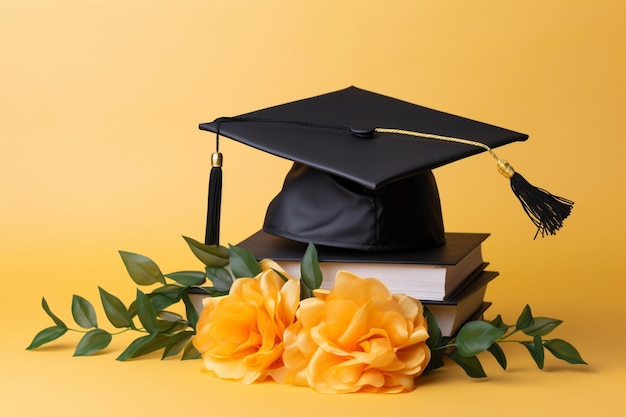 Foto composición de graduación festiva en fondo amarillo