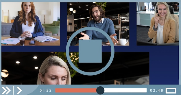 Composición del grupo de empresarios con videollamada en la pantalla de la interfaz de reproducción de video