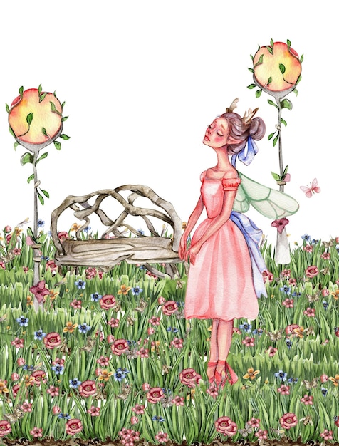 Composición con hada de dibujos animados con alas mágicas, flores y mariposas.