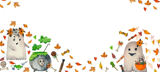 Composición para Halloween. 2 lindos fantasmas con hojas de otoño. Dibujado a mano en acuarela.