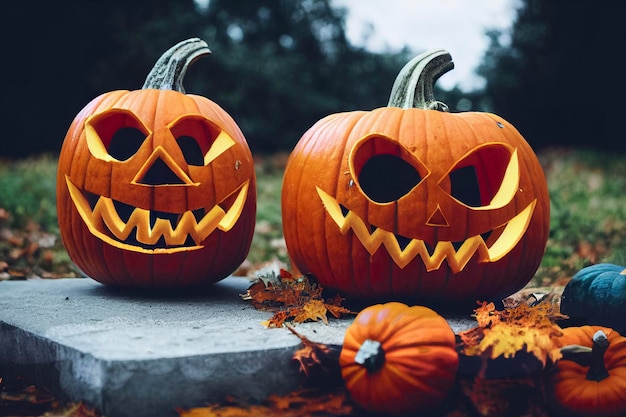 Composición de Halloween de una calabaza en llamas con un murciélago Foto de alta calidad