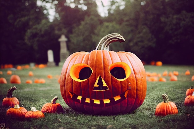 Composición de Halloween de una calabaza en llamas con un murciélago Foto de alta calidad