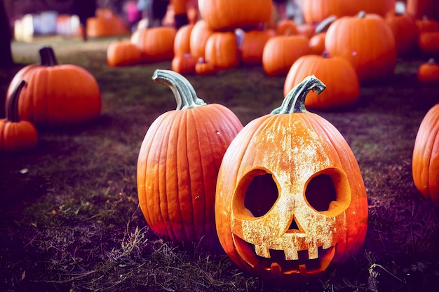 Composición de Halloween de una calabaza en llamas con un murciélago Foto de alta calidad