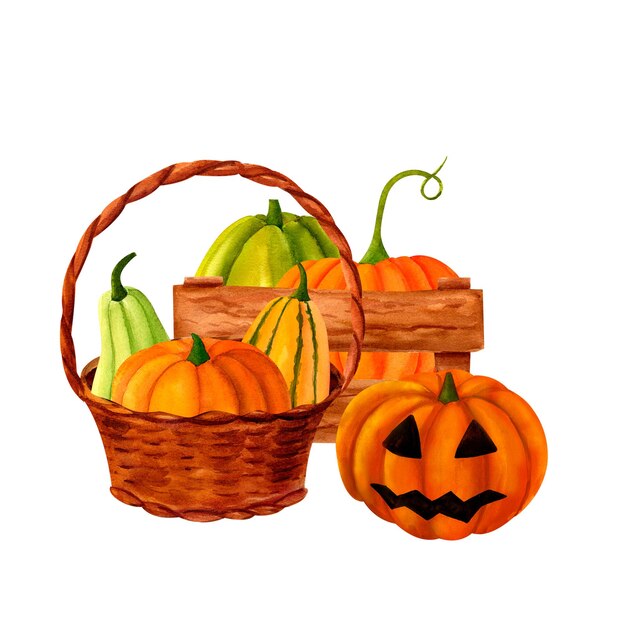Composición de Halloween de canasta de calabazas naranjas y verdes con linternas y hojas de otoño Estilo de otoño festivo para la decoración Impresión en postales pegatinas invitaciones textiles y papel
