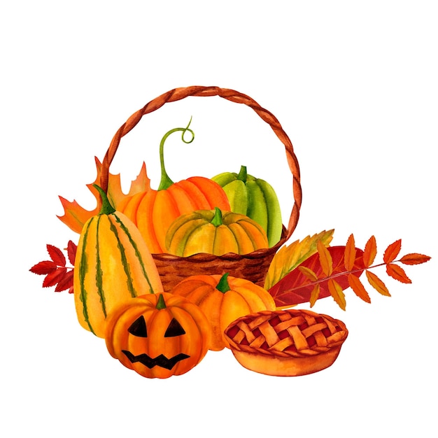 Composición de Halloween de canasta de calabazas naranjas y verdes con linternas, tarta de manzana y hojas de otoño, estado de ánimo festivo de otoño para decoración, tarjetas postales, pegatinas, invitaciones, textiles y papel.