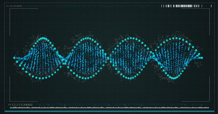 Foto composición de la hebra de adn con interfaz digital en pantalla