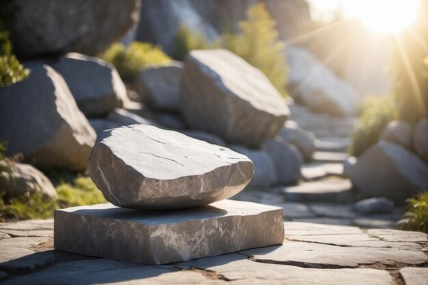 Foto composición con hermosas piedras y plantas para la presentación del producto podio fondozen piedras y flores