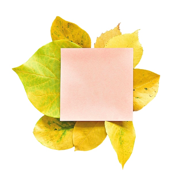 Composición de hojas amarillas y una pegatina para notas sobre un fondo blanco Clipart de otoño