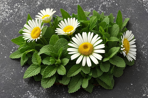 Composición de hojas de menta de flor de manzanilla aislada en blanco